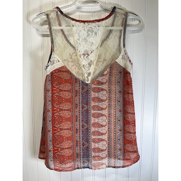 "Miss Me"Lace & Paisley Sleeveless V Back sheer top. Sz XS Red/Blue/Coral - Picture 5 of 11
